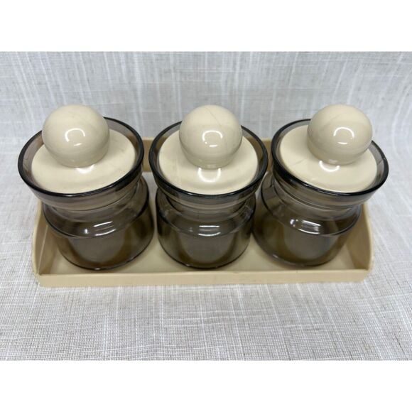 Vintage 80s Emsa Set of 3 Smoke Gray Acrylic Spice Jar Beige Shelf MCM Mod - Picture 2 of 9